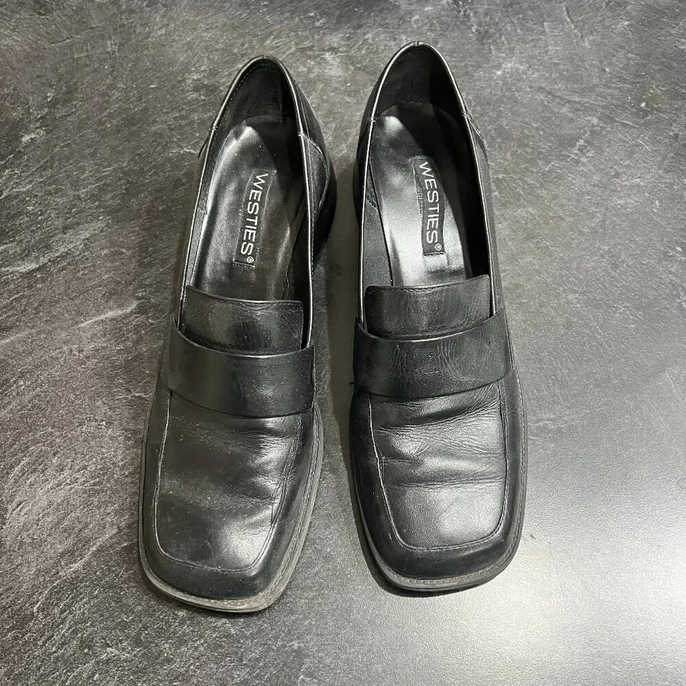 Westies Wm 9 Black Square Toe Chunky Stack Heel Y2K Loafer